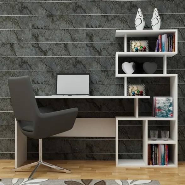 Scrivania Con Libreria Integrata Design Moderno 160x40x135 A Parete Next Bianca