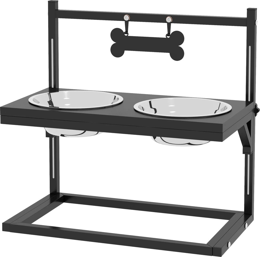 Portaciotole per Cani Rialzata con Altezza Regolabile 40,5x22x39 cm 2 Ciotole in Acciaio da 900ml Nero...