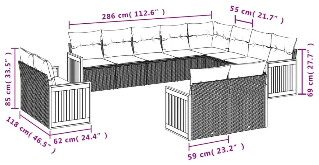 Set divani da giardino 12 pz con cuscini nero in polyrattan