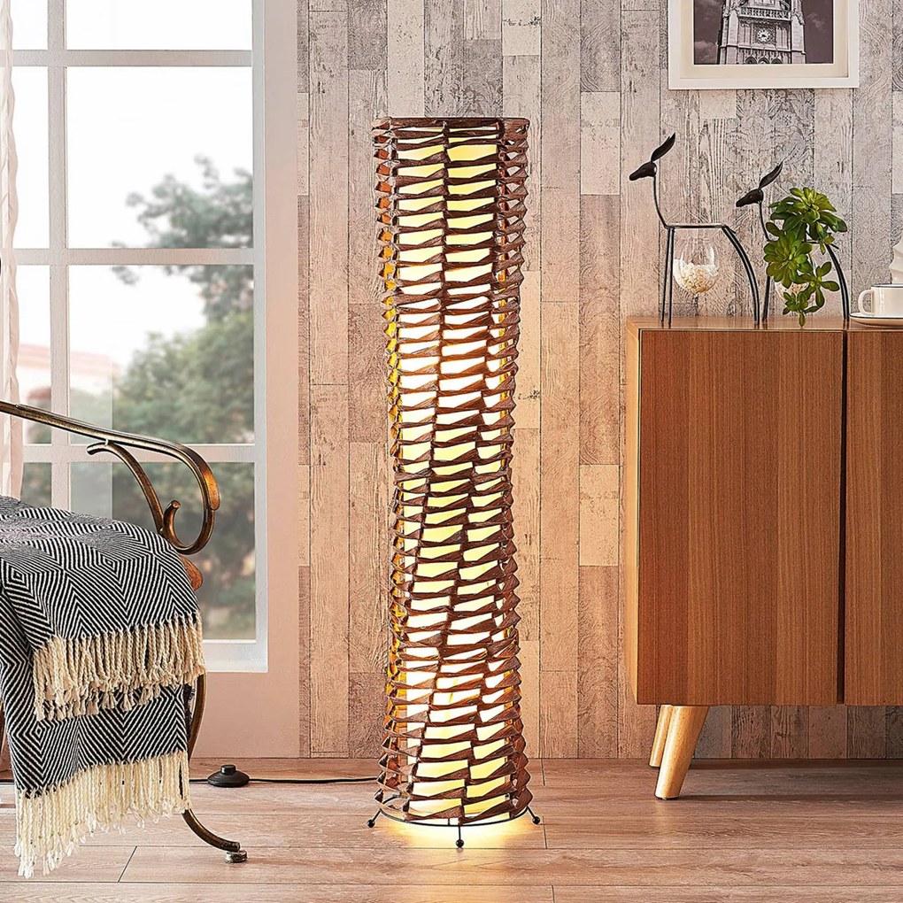 Lampada da terra Lindby Joas, 110 cm, carta, tessuto, marrone