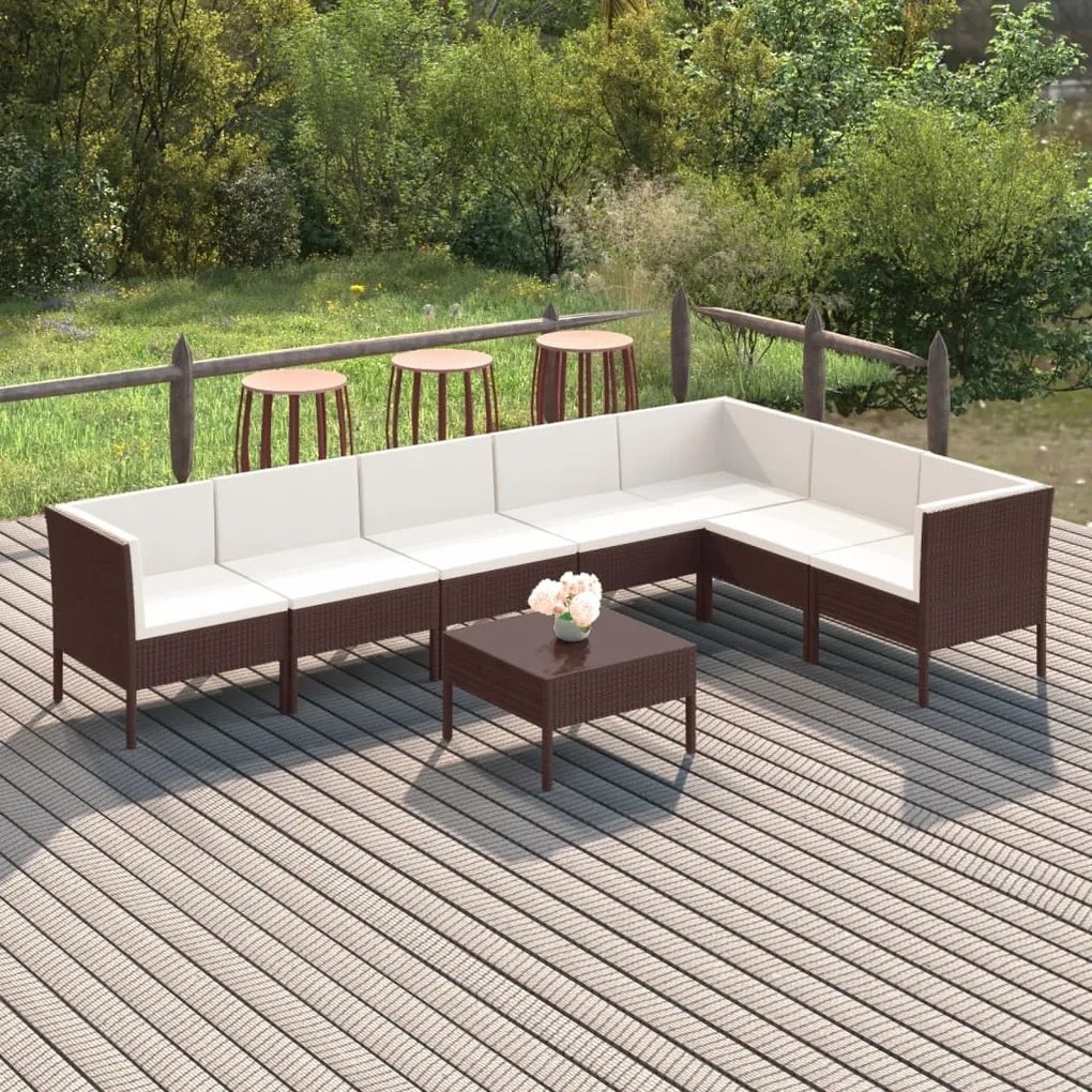 Set divani da giardino 8 pz con cuscini in polyrattan marrone