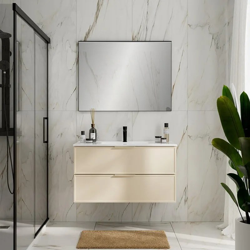 Mobile da bagno sospeso Quadra avorio con lavabo in ceramica vasca centrale base con 2 cassetti a chiusura ammortizzata (estrazione parziale), con maniglia in alluminio laccato avorio L100 H57 P45 cm
