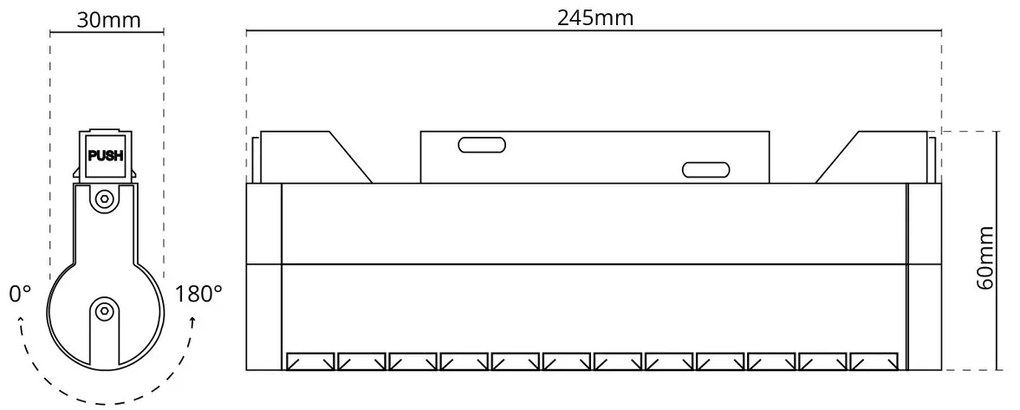 Faro LED Lineare 12W Magnetico 24cm CRI92 UGR16 Nero 48V Colore Bianco Caldo 3.000K
