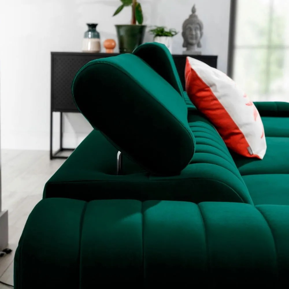 Divano angolare verde allungabile/con contenitore (con penisola a destra/con chaise lounge) e rivestimento in velluto Grayson – ELTAP