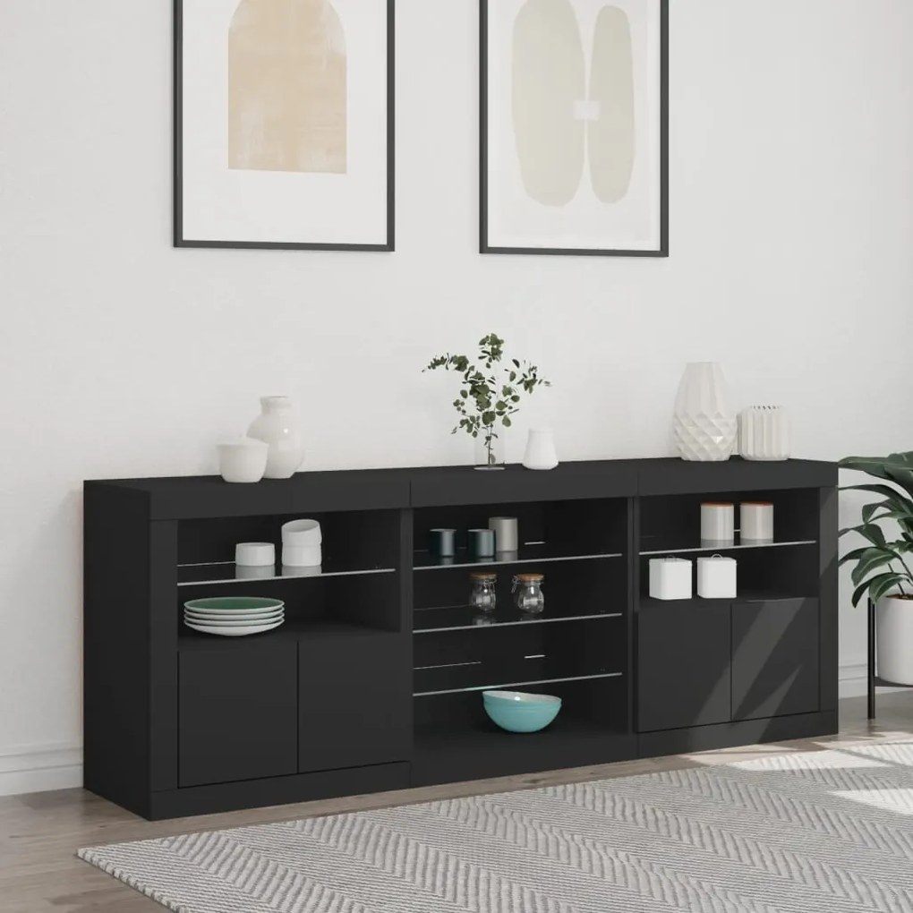 Credenza con luci led nera 181,5x37x67 cm