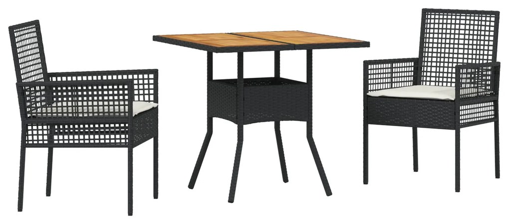 Set da pranzo da giardino 3 pezzi con cuscini nero polyrattan