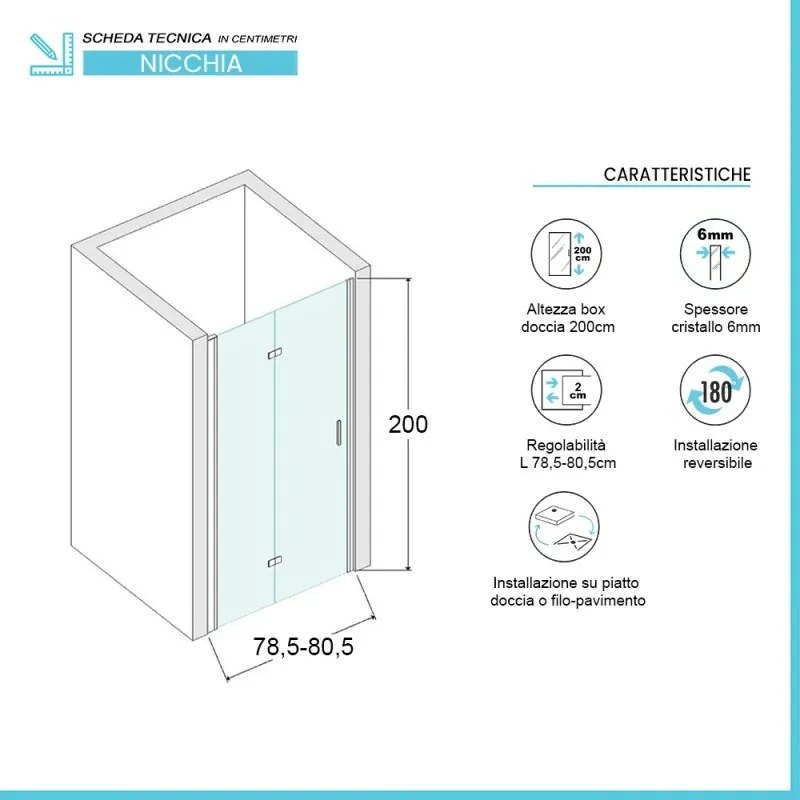 Porta doccia nicchia 80 cm a soffietto con vetro in cristallo trasparente Ted