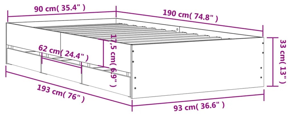 Giroletto Cassetti Grigio Cemento 90x190 cm Legno Multistrato