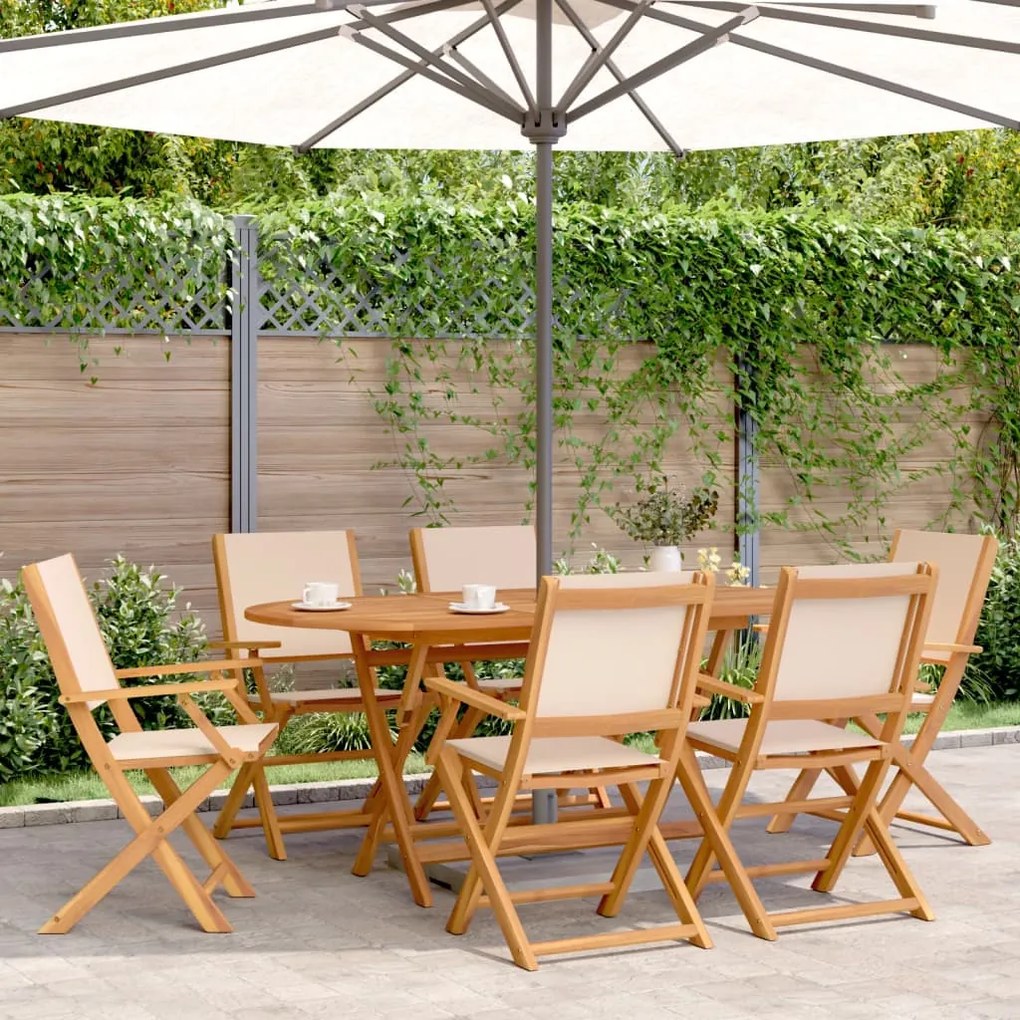 Set Pranzo Da Giardino 7 Pz Beige İn Tessuto E Legno Massello /