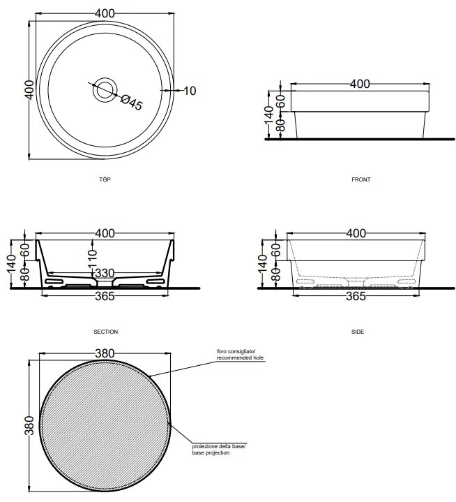 Cielo Enjoy Lavabo 40 cm semincasso tondo Senza Troppopieno Basalto