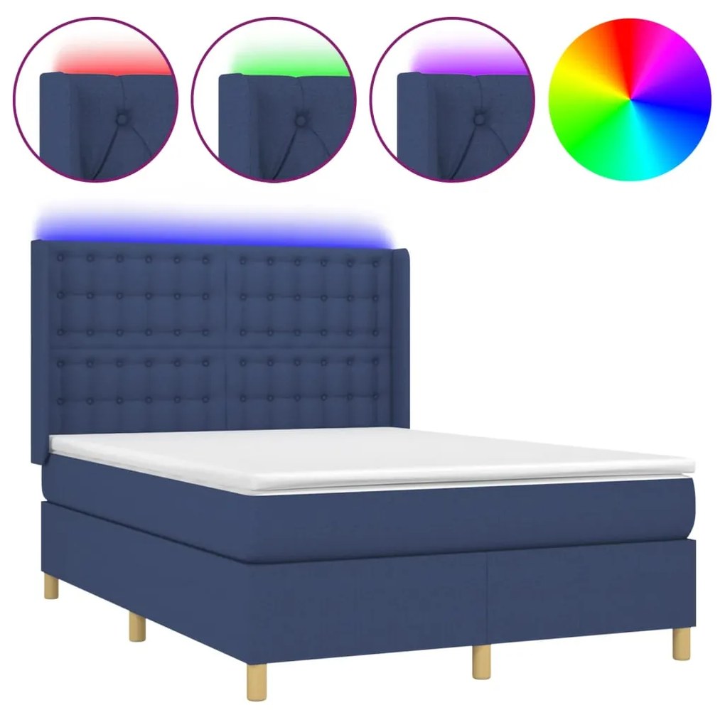 Letto a molle con materasso e led blu 140x200 cm in tessuto