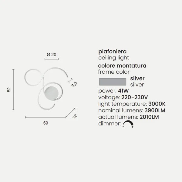 Plafoniera TWIST a LED 59x52 cm in metallo verniciato Silver