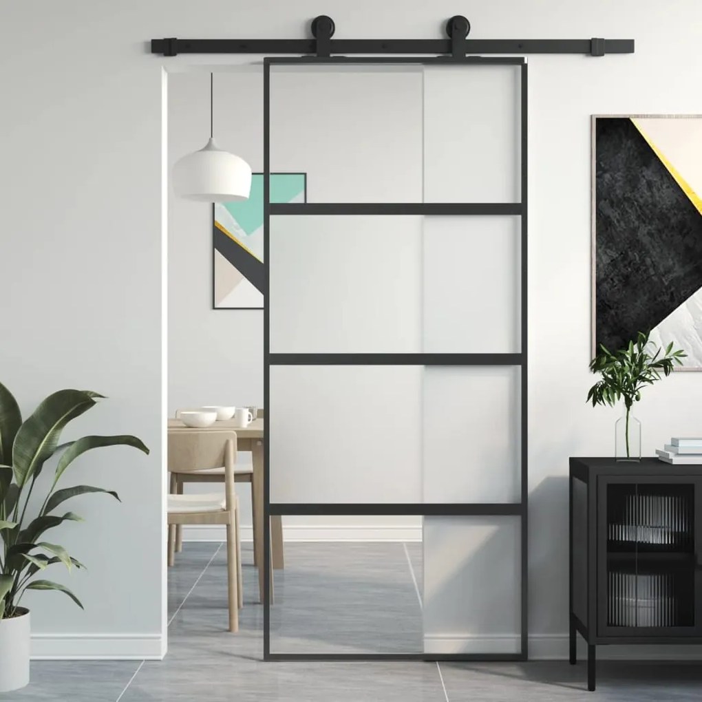 Porta Scorrevole Nera 90x205 Cm İn Vetro Temperato E Alluminio /