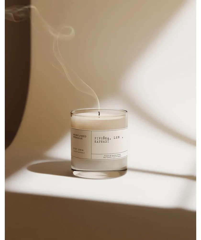 Candela in cera di soia profumata tempo di combustione 40 h #68 Peony, Linen, Fern – Perfumed Prague