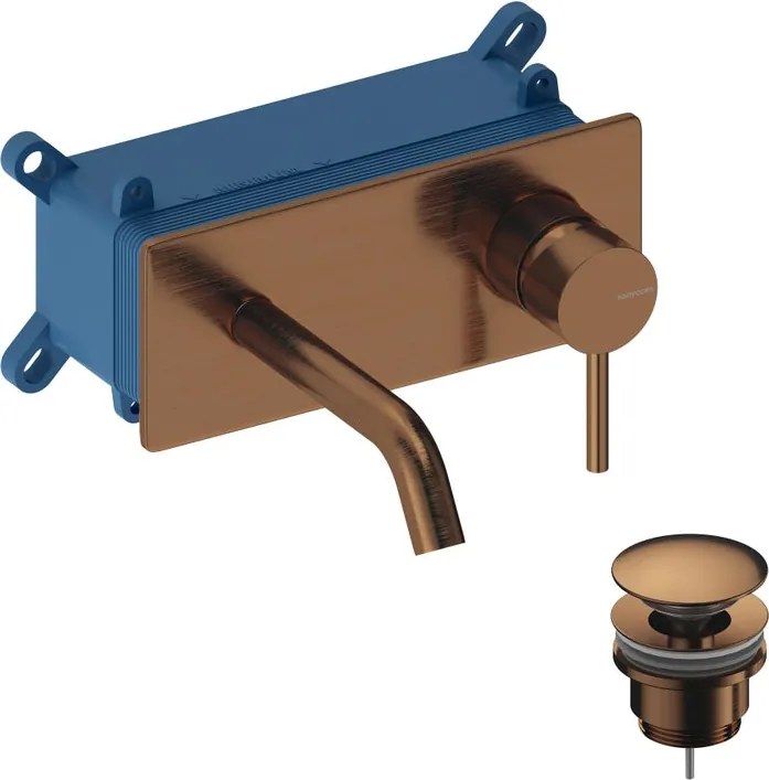 Rubinetto per lavabo Loop monocomando a parete per lavabo bocca 14cm + corpo incasso + piletta di scarico + placa rettangolare rose gold brushed