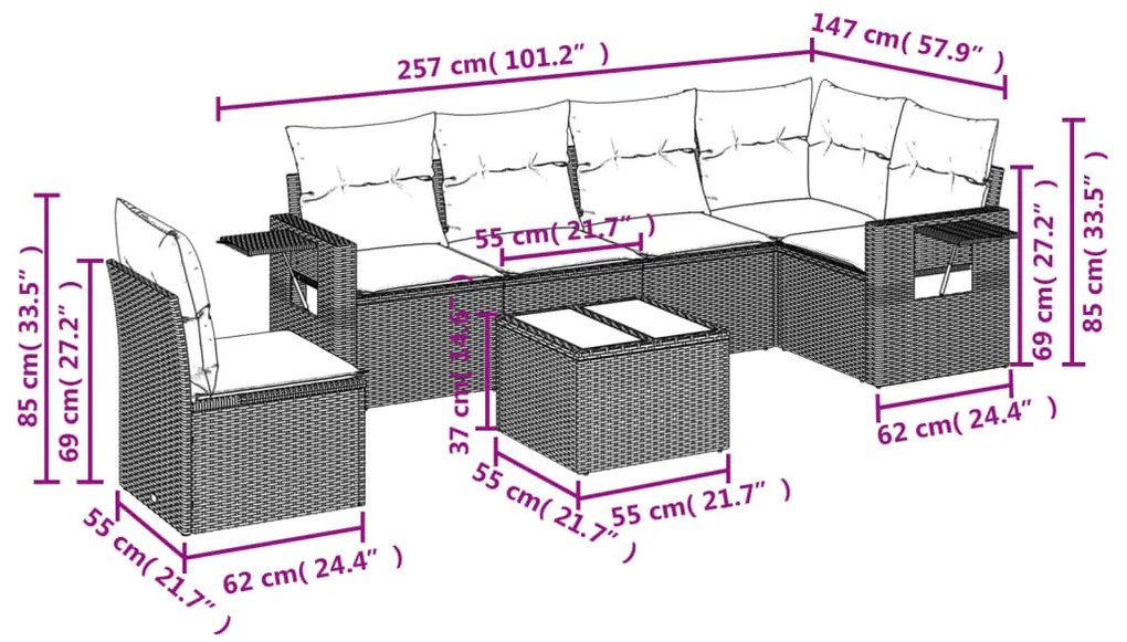 Set divani da giardino 7pz con cuscini grigio chiaro polyrattan