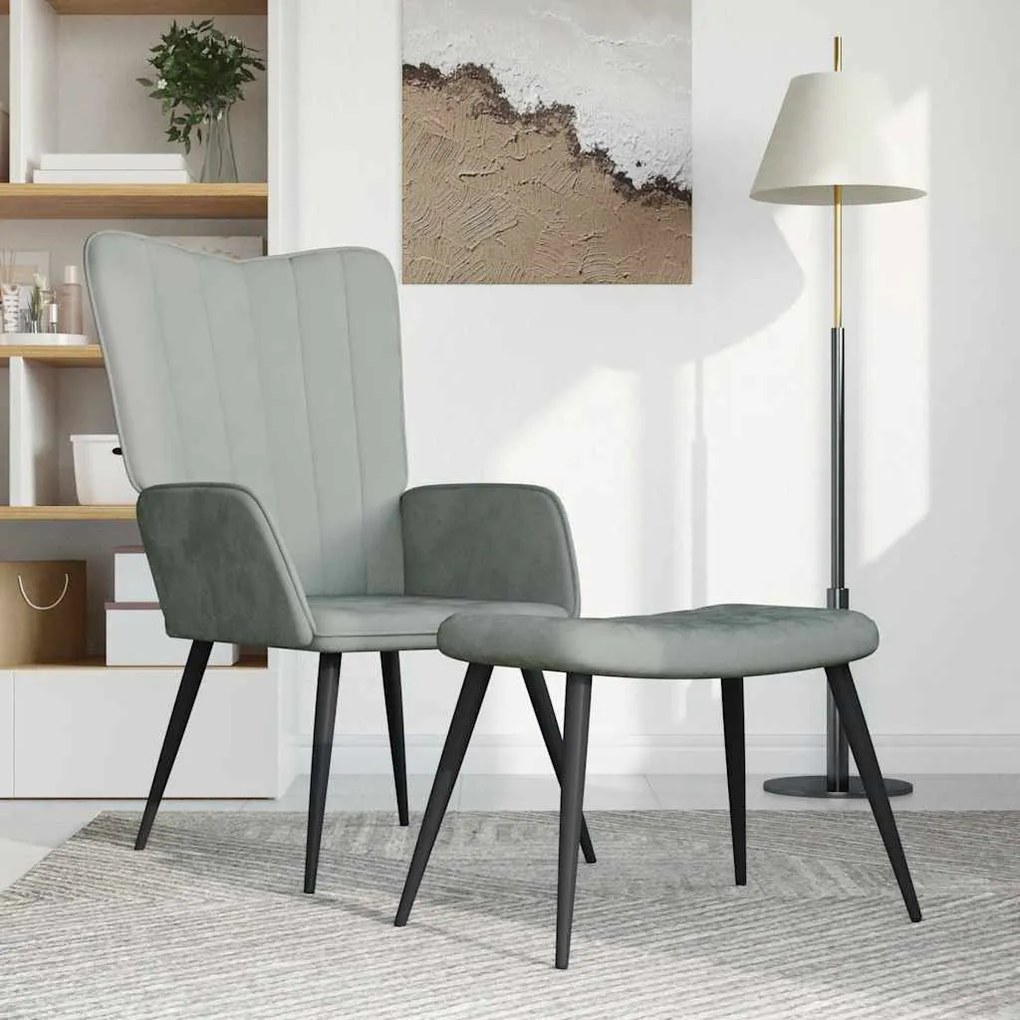 Poltrona Relax Con Sgabello Grigio Chiaro İn Velluto /