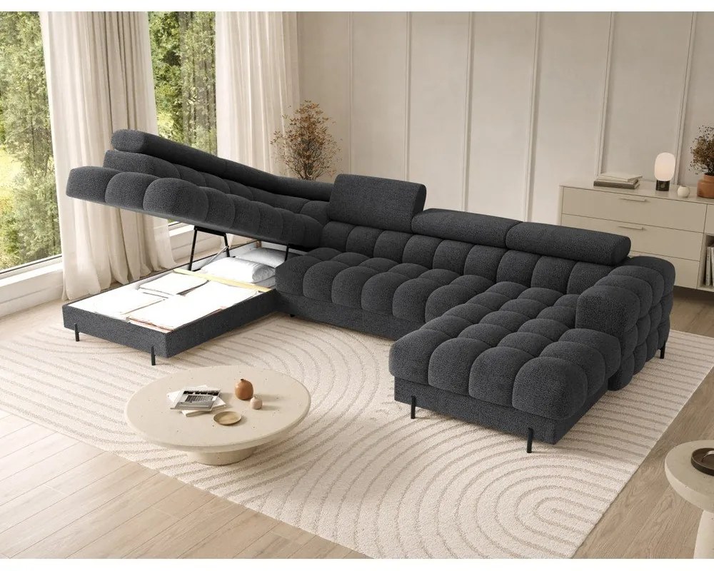 Divano angolare grigio scuro allungabile (con penisola a sinistra/a U) con rivestimento in bouclé Feraria – ELTAP