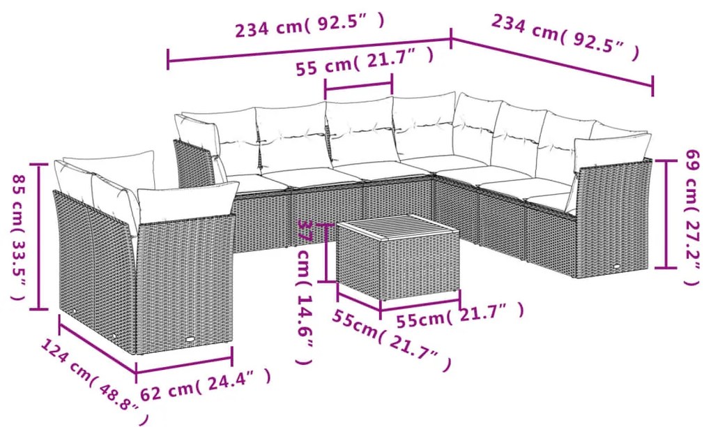 Set Divano da Giardino 11 pz con Cuscini Beige Misto Polyrattan