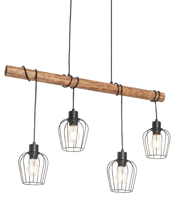Lampada a sospensione rustica nera con legno 4 luci - Stronk
