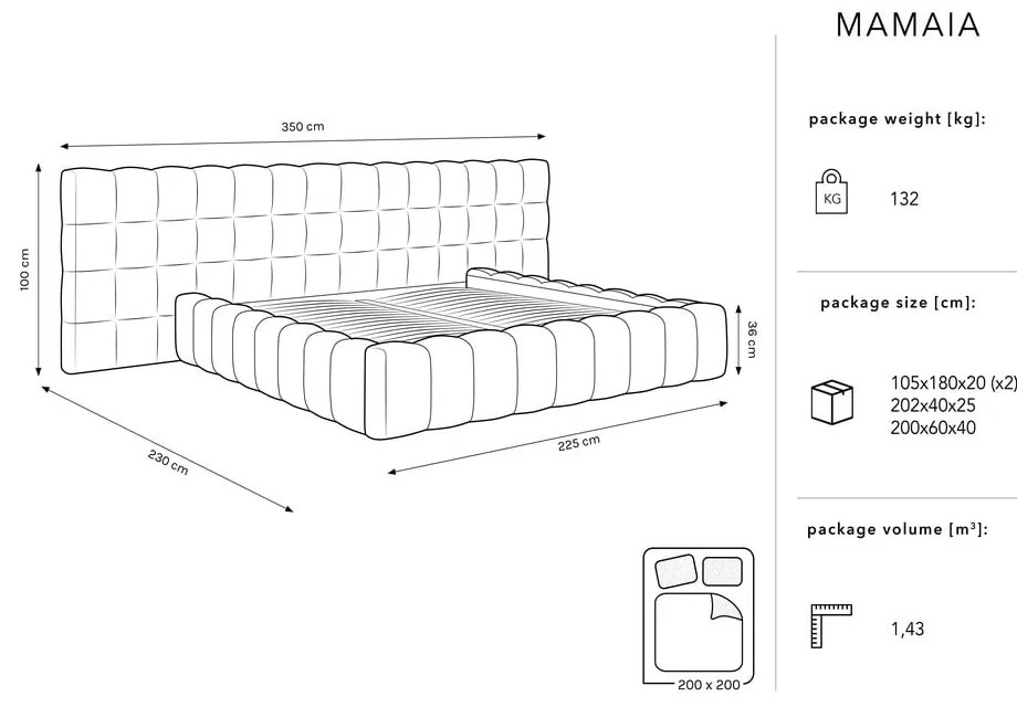 Letto matrimoniale imbottito beige con spazio contenitivo e rete 200x200 cm Mamaia - Micadoni Home