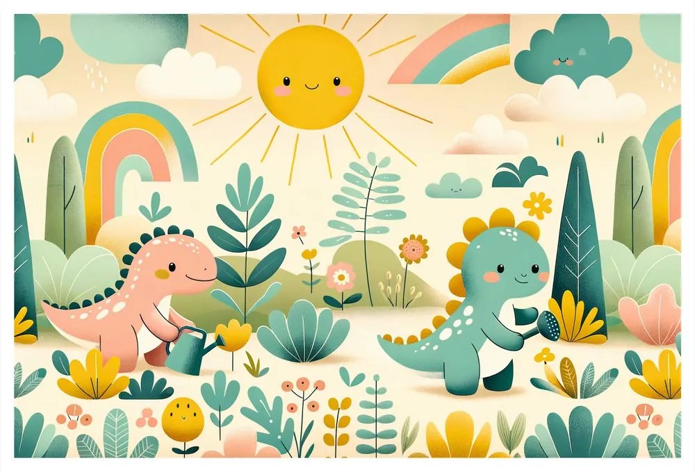 Quadro su tela – Giornata di gioco dei piccoli dinosauri nella natura