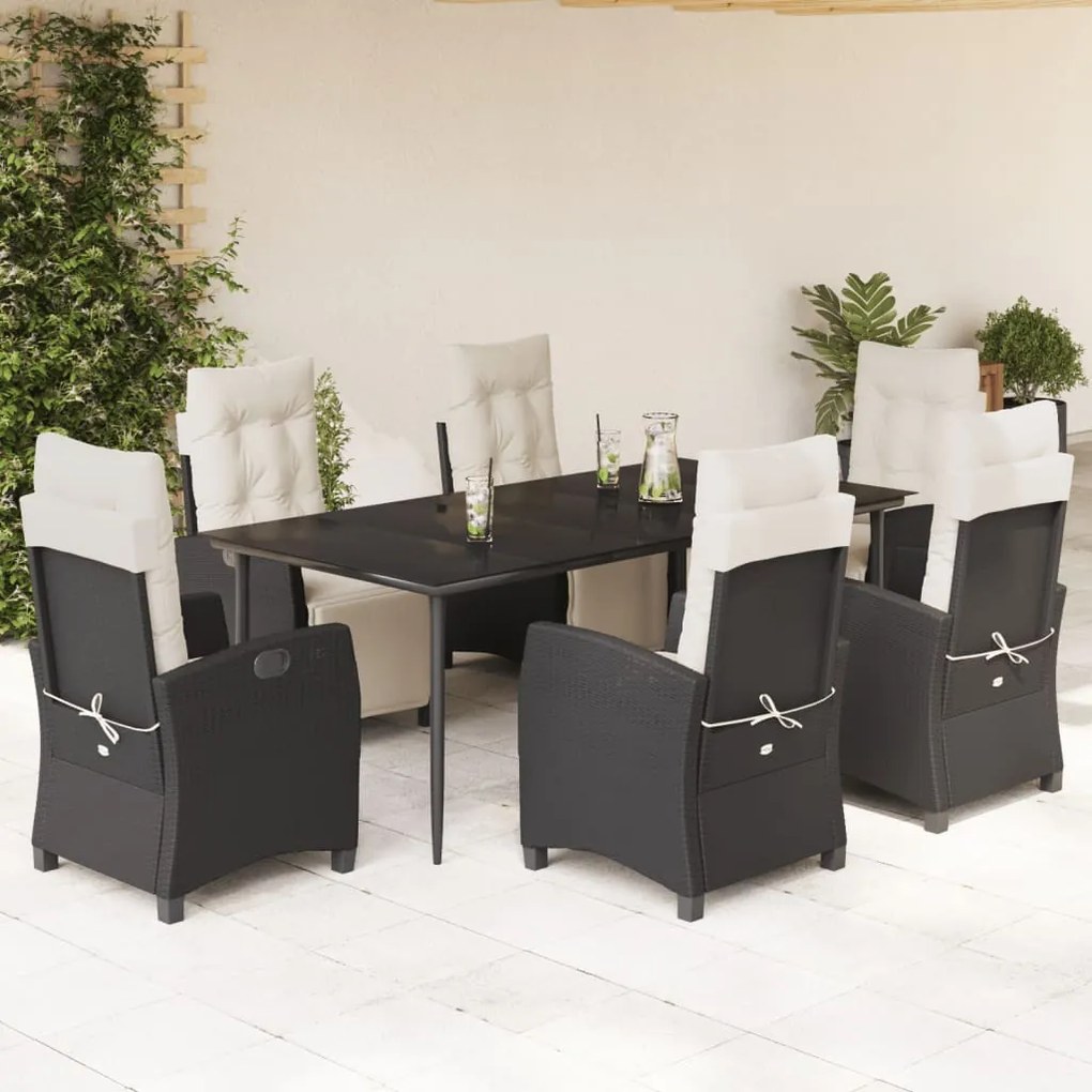 Set da pranzo da giardino 7 pz nero con cuscini in polyrattan