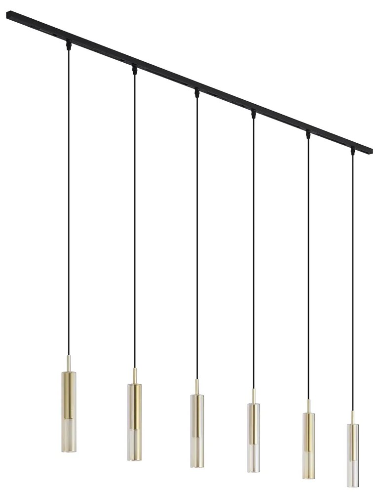 Sistema di illuminazione a binario moderno nero con 6 luci a sospensione oro con vetro ambrato monofase - Slimline Loyce