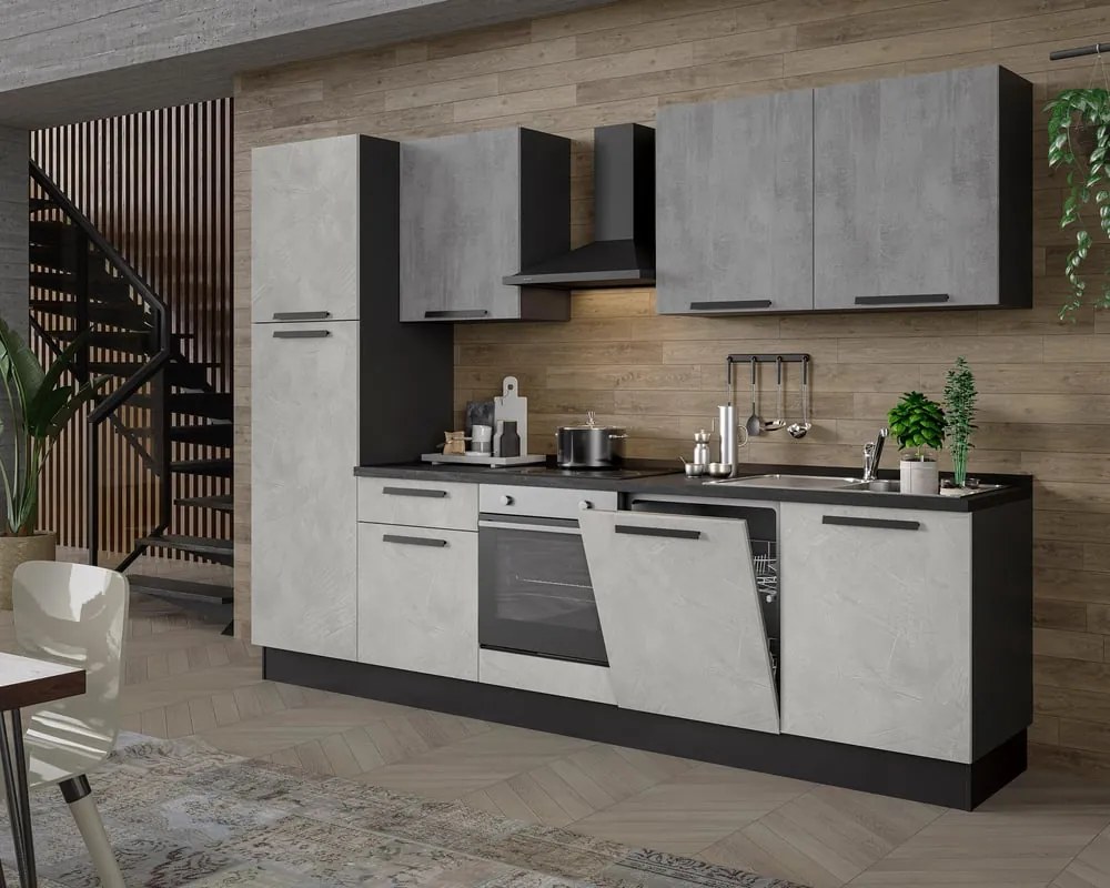 Cucina montata Dora bianco e grigio chiaro, lavello a destra, L.300 cm, completa di: cappa a camino, piano cottura a induzione, forno, lavastoviglie e frigorifero