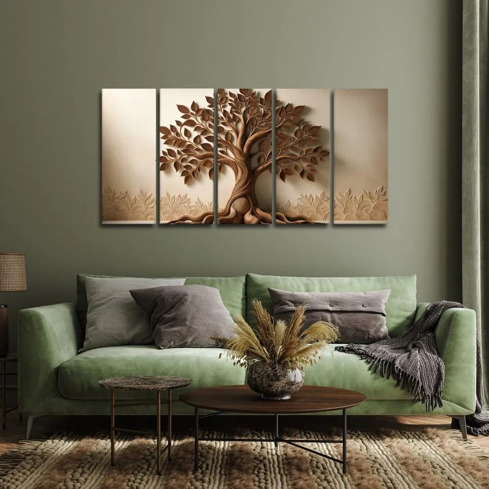 Quadri 5 pezzi – Albero della vita marrone con effetto 3D