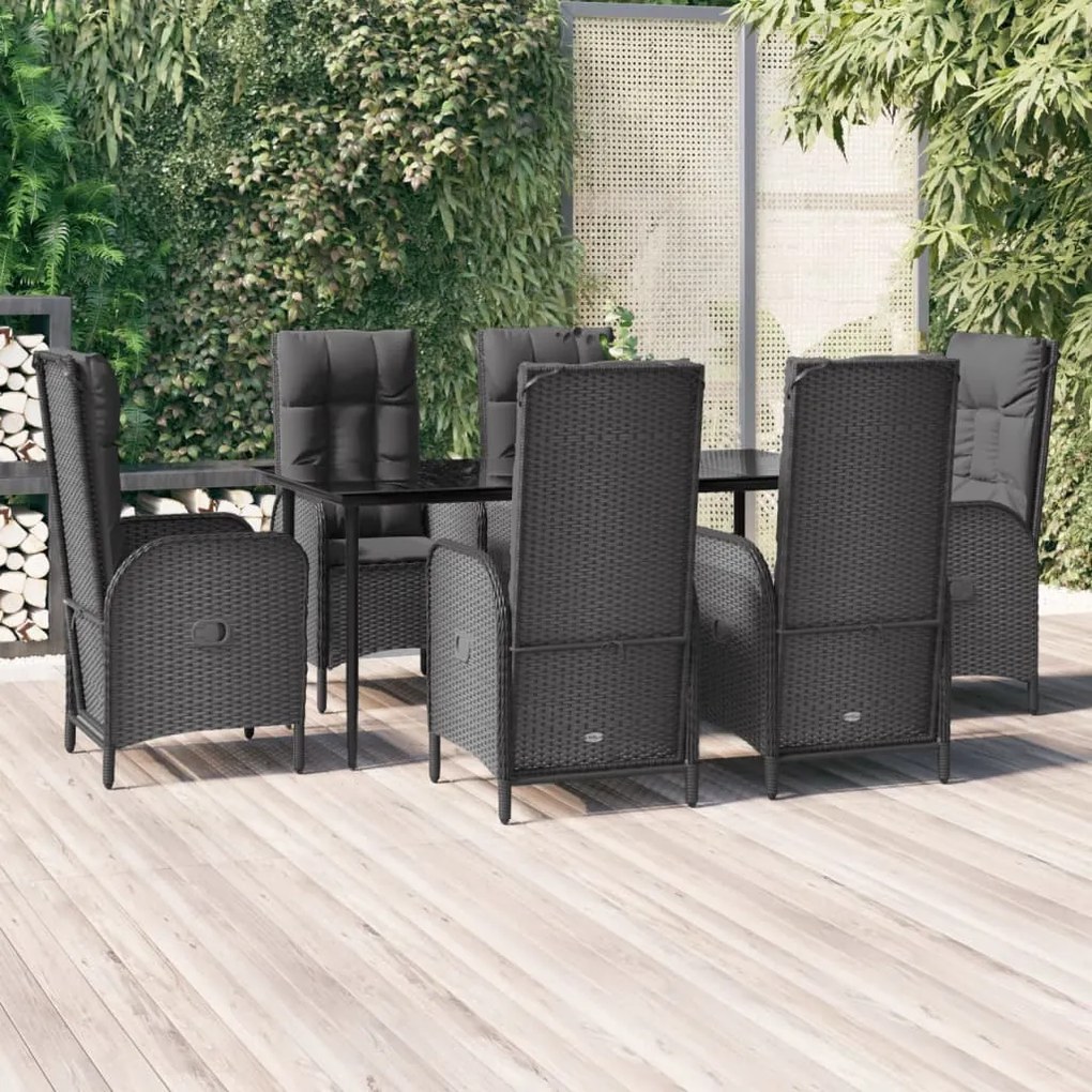 Set da pranzo da giardino 7 pz nero con cuscini in polyrattan