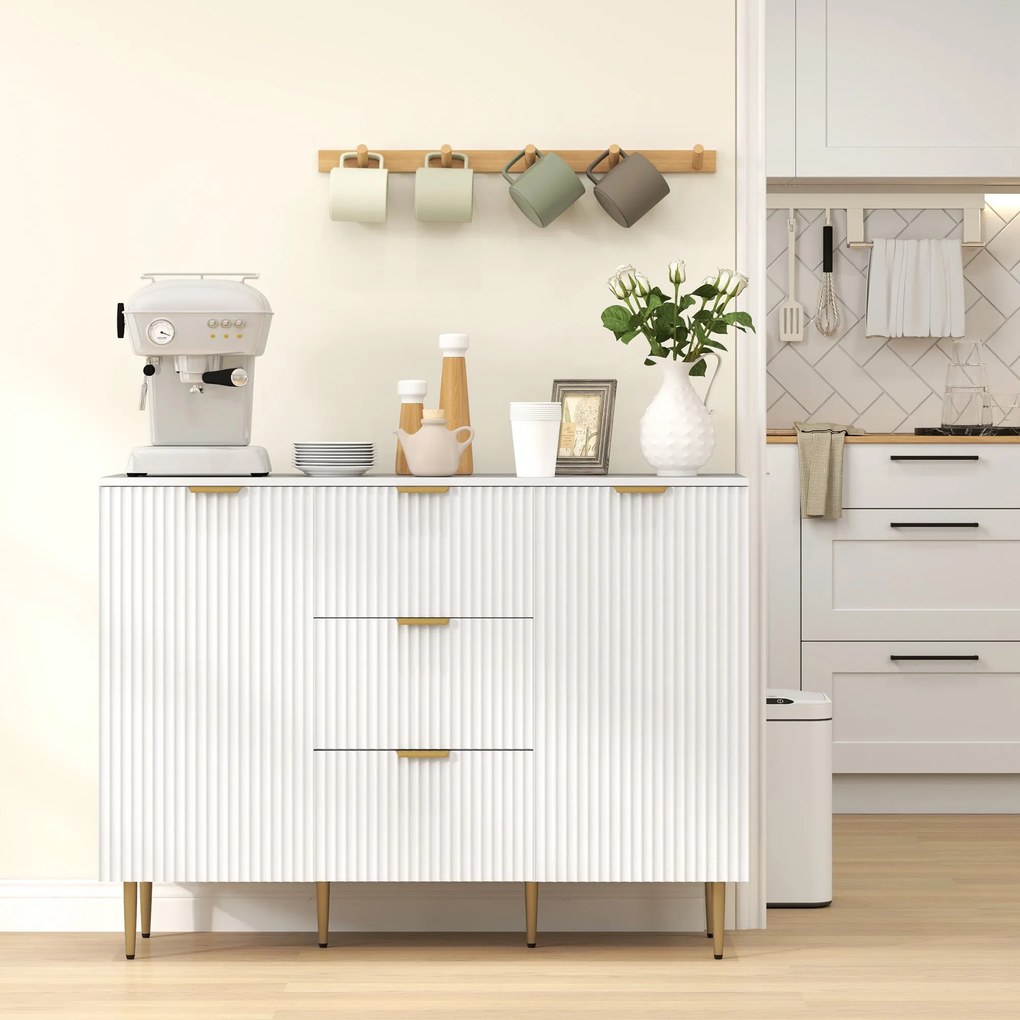 Credenza Moderna 120x40x89,5 cm con 3 Cassetti e 2 Armadietti in Legno e Metallo Bianco...