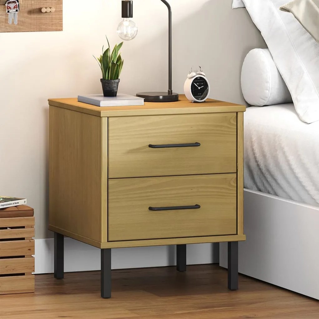Comodino Con Gambe İn Metallo Marrone Legno Massello Pino Oslo /