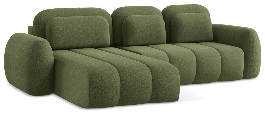 Divano angolare verde allungabile/con contenitore (con penisola a sinistra/con chaise lounge) con rivestimento in bouclé Pele – Makamii