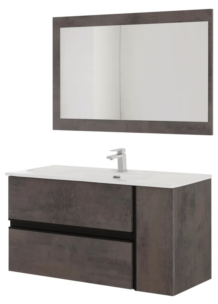 Mobile Bagno Sospeso 112 Cm Due Cassetti Un Anta Specchio Feridras "Oxid" Ossido Grigio