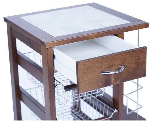 Carrello salvaspazio con cesti portafrutta e portabottiglie Noce