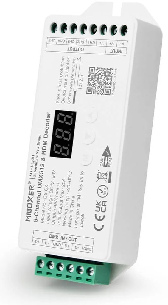 Controller DMX512 e RDM 5in1 5 canali 12-24V