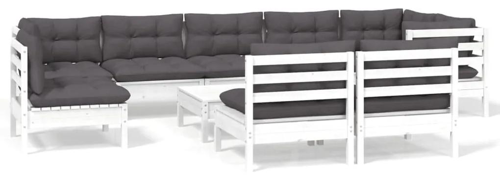 Set divani da giardino 10 pz con cuscini bianchi legno di pino