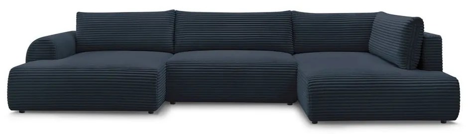 Divano angolare in blu scuro allungabile (con penisola a sinistra/a forma di "U") con rivestimento in velluto a coste Lucien – Bobochic Paris