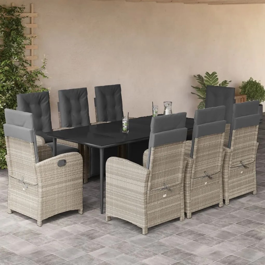 Set pranzo da giardino 9pz con cuscini grigio chiaro polyrattan