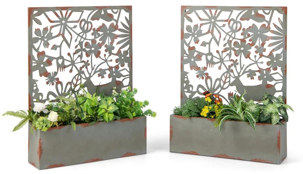Costway Set di 2 aiuole decorative rialzate da parete con grigliato, 2 fioriere autoportanti in metallo per piante Grigio