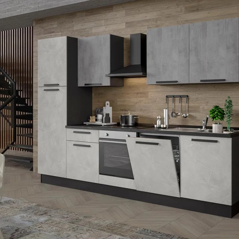 Cucina montata Dora bianco e grigio chiaro, lavello a destra, L.300 cm, completa di: cappa a camino, piano cottura a induzione, forno, lavastoviglie e frigorifero