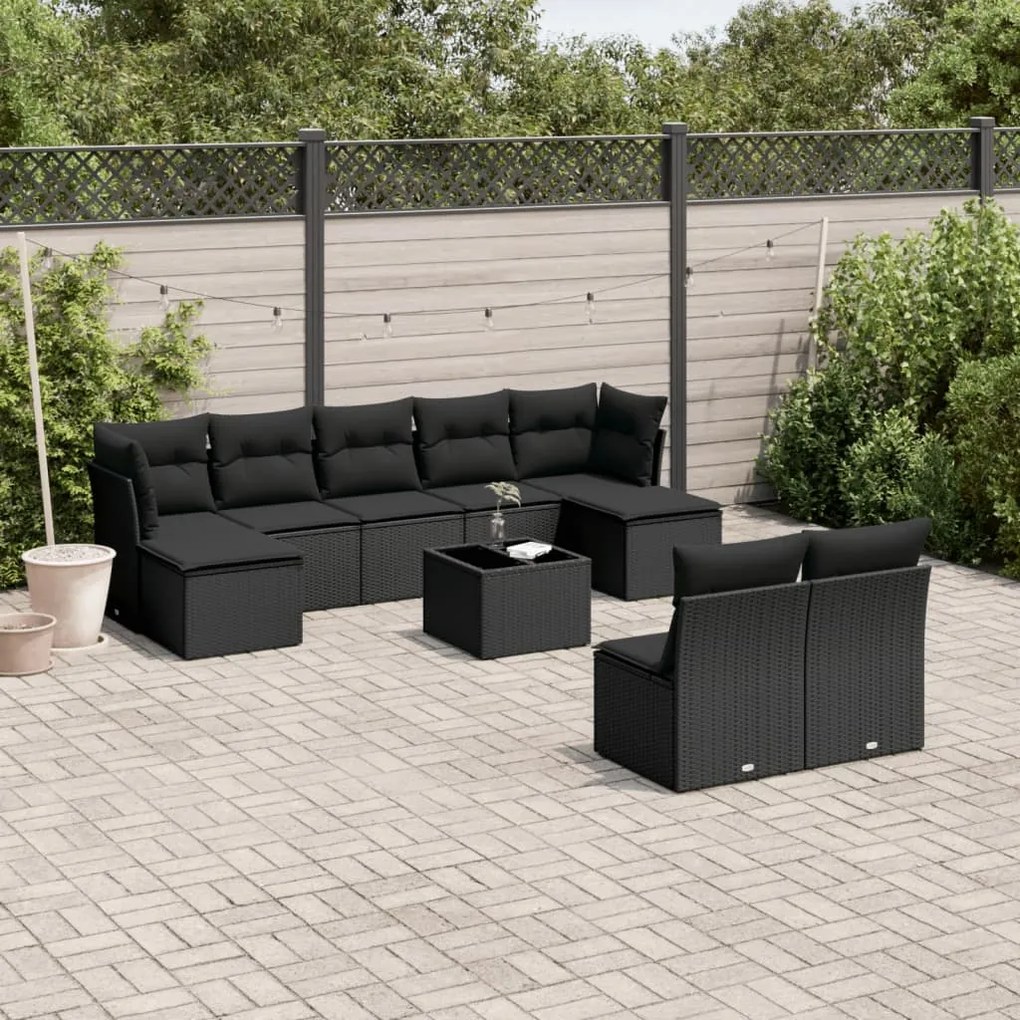 Set divani da giardino 10pz con cuscini in polyrattan nero