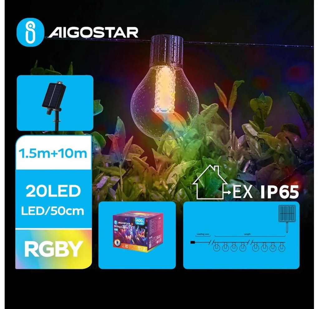 Aigostar - Catena di Natale solare a LED 20xLED/8 funzioni 11,5m IP65 multicolore