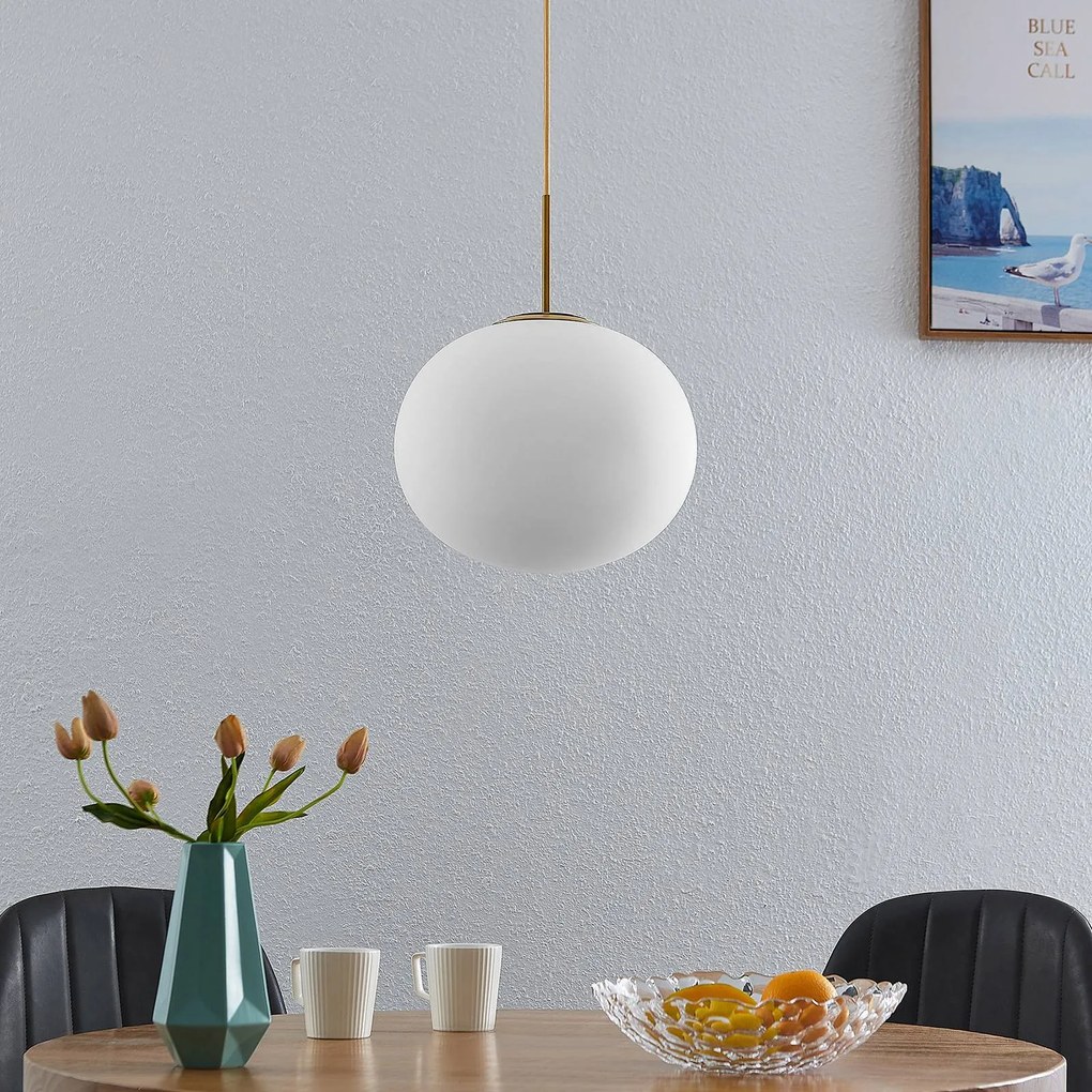 Lampada a sospensione Lindby Noana, ottone antico, vetro opalino/metallo