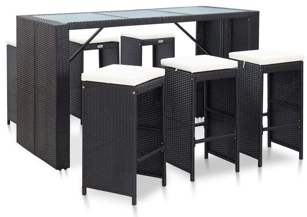 Set da bar da giardino 7 pz con cuscini in polyrattan nero