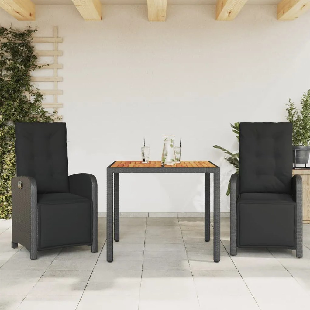 Set Da Bistrò 3 Pz Con Cuscini Nero İn Polyrattan /