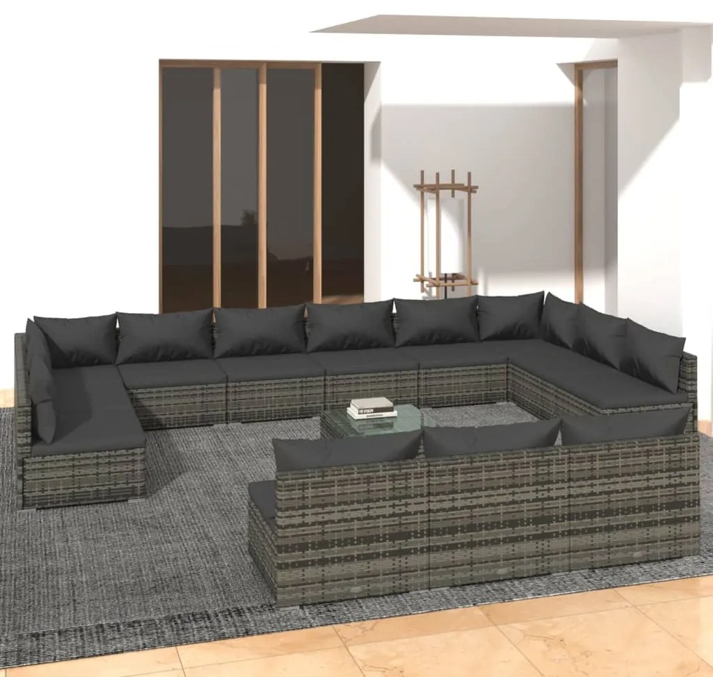 Set Divani da Giardino 14 pz con Cuscini in Polyrattan Grigio