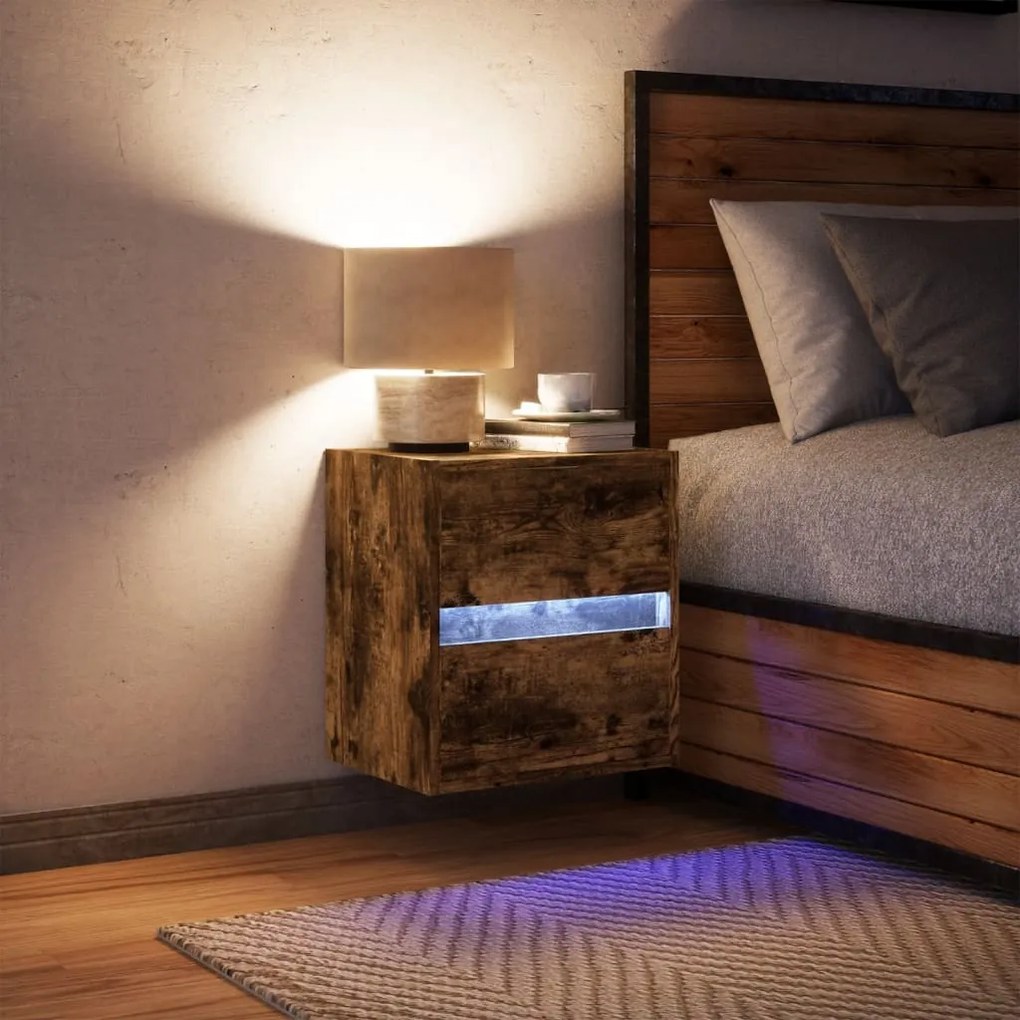 Comodino a parete con luci led rovere fumo