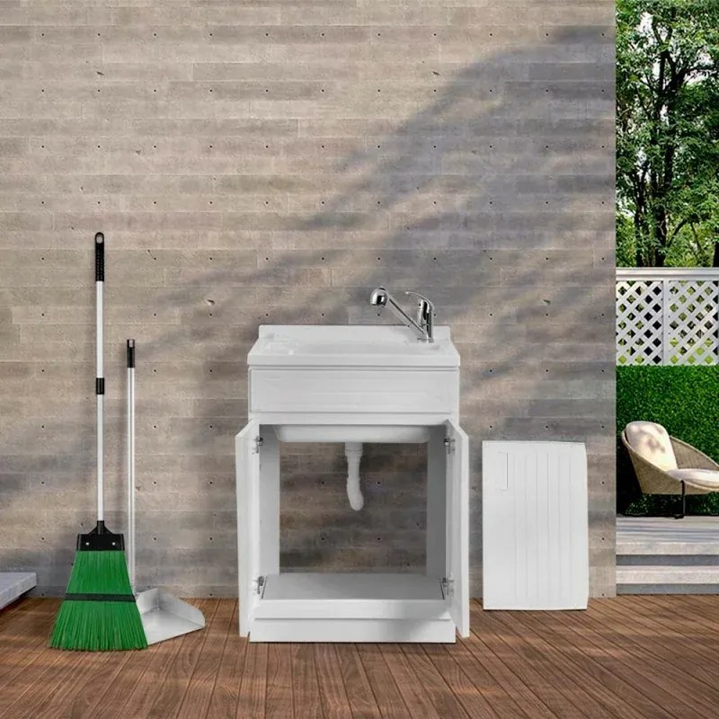 Mobile Lavatoio 2 Ante 60x50 cm con Vasca in Resina Bianco